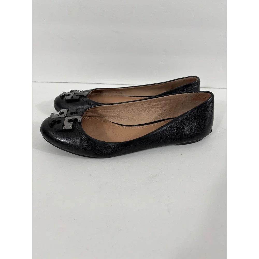Tory Burch Black Lowell Leather Ballet Flats Embellished Logo Size 7 M